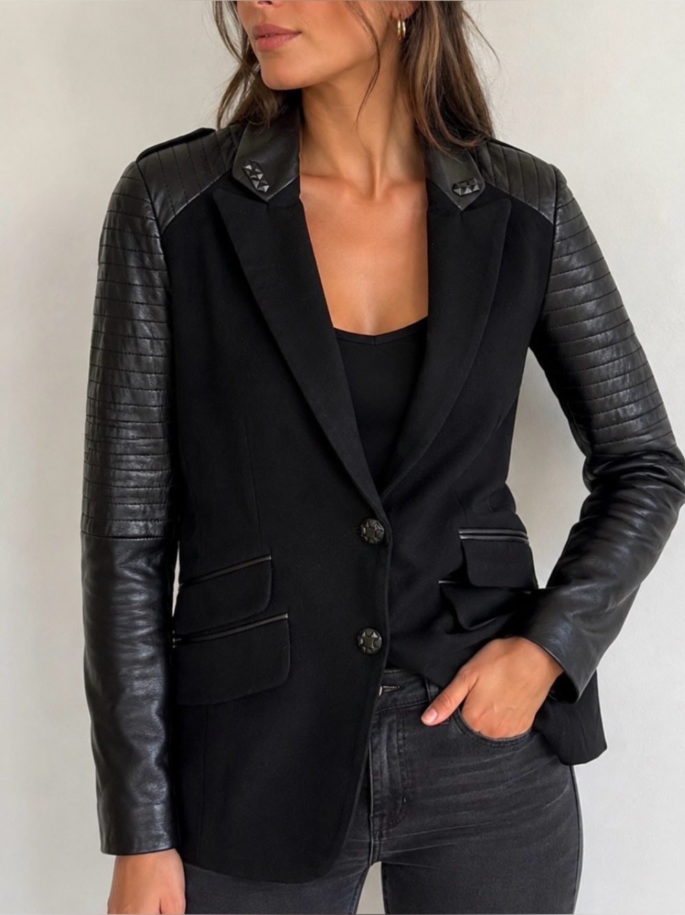 Jessica Simpson Black Mixed-Material Blazer with Quilted Sleeves